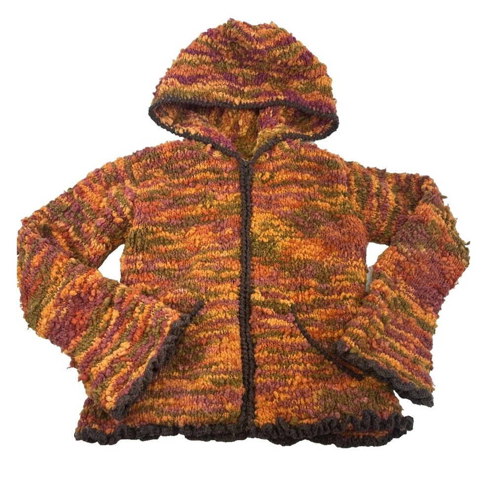 ECC Ecuadorian Clothing Company Wool Hood Full Zip Sweater Orange Textured Small